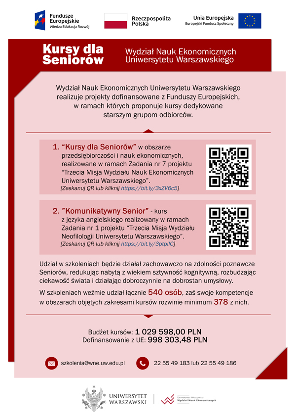 Ulotka Uniwersytetu Warszawskiego z informacją o kursacch dla dorosłych
