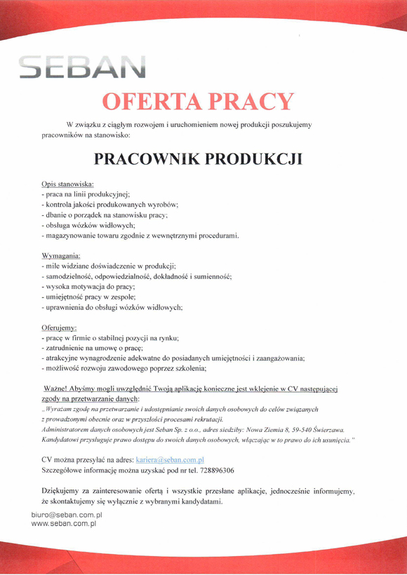plakat firmy SEBAN - oferta pracy