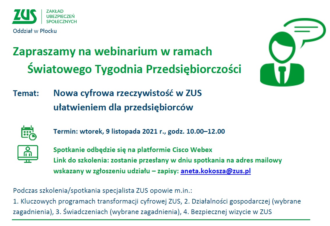 zaproszenie do udziału - webinarium ZUS w ramach Powiatowego Tygodnia Przedsiębiorczości - 9.11.2021 r.